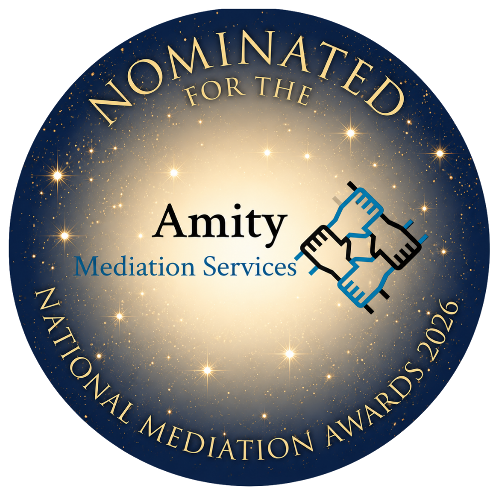 blue circle with light centre showing that Amity Mediation Services are nominated for the National Mediation Awards 2026